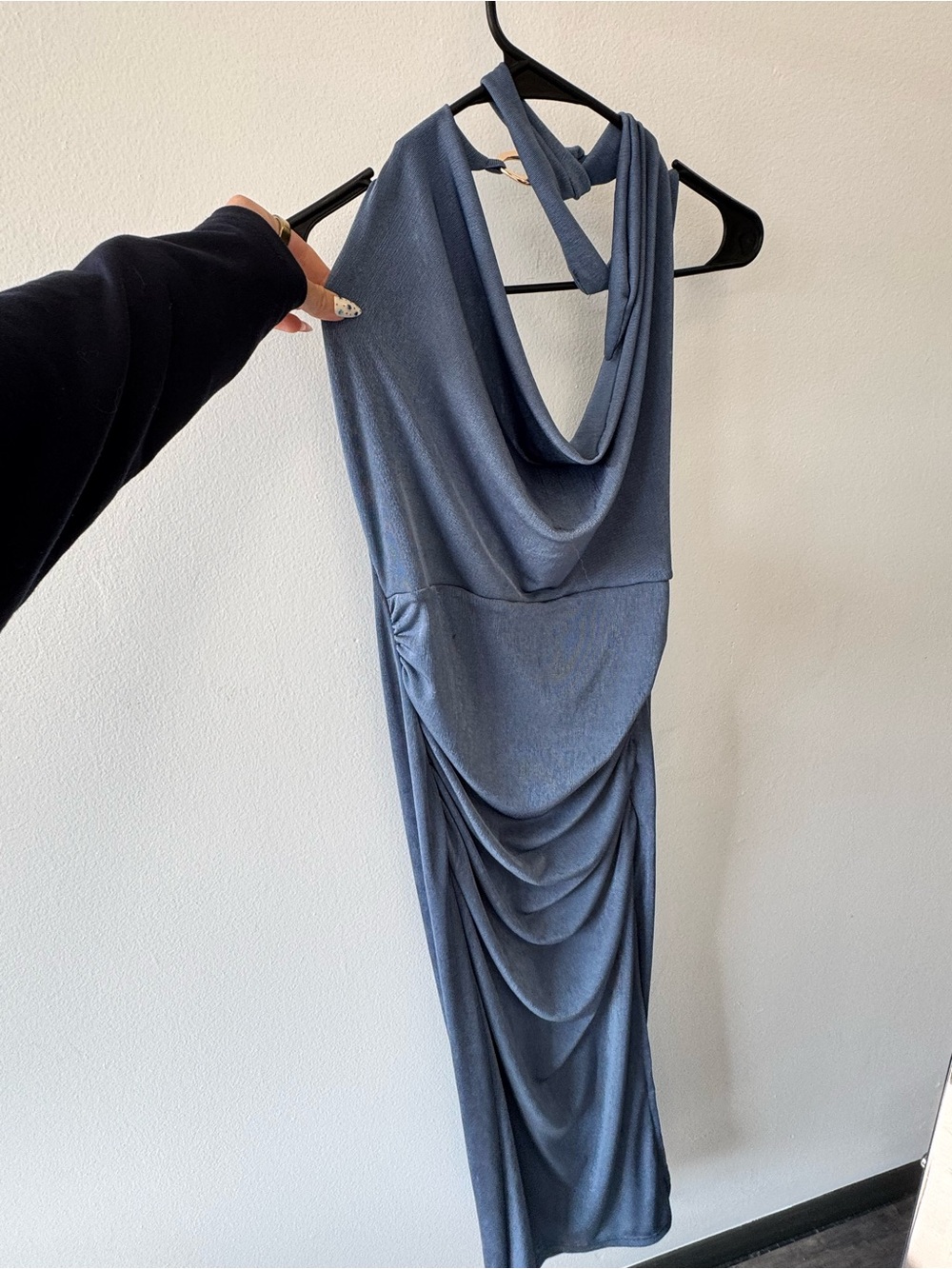 Draped Cowl Neck Midi Dress - Blue